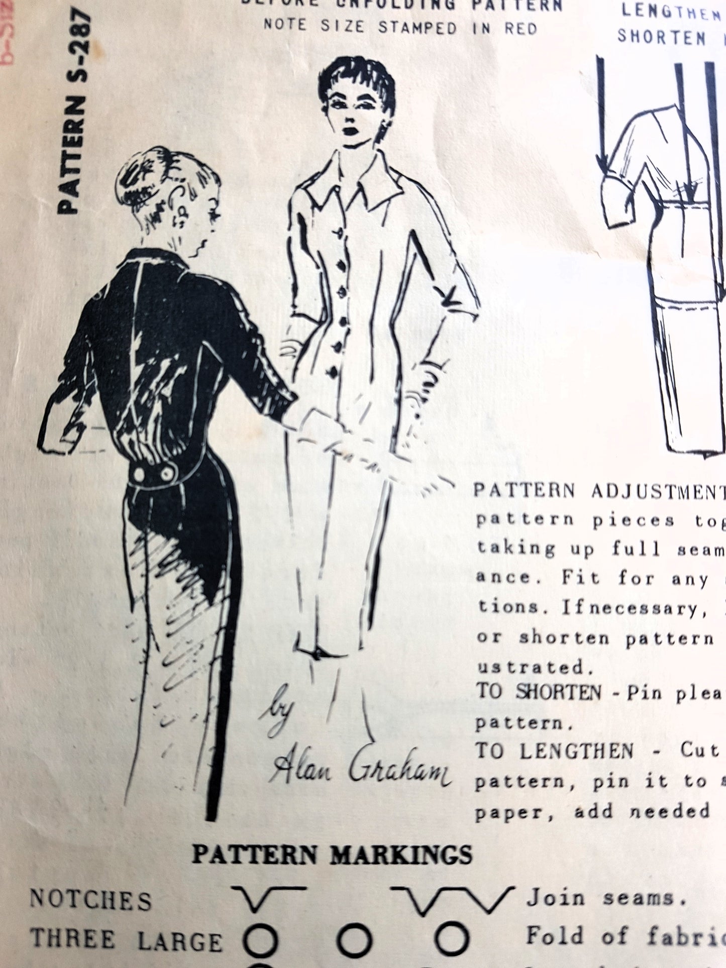 1950s SLEEK Slim Front Button Dress Pattern SPADEA 287 Alan Graham Designer Dress, Unique Collar, Bloused Back, Bust 36 Vintage Sewing Pattern