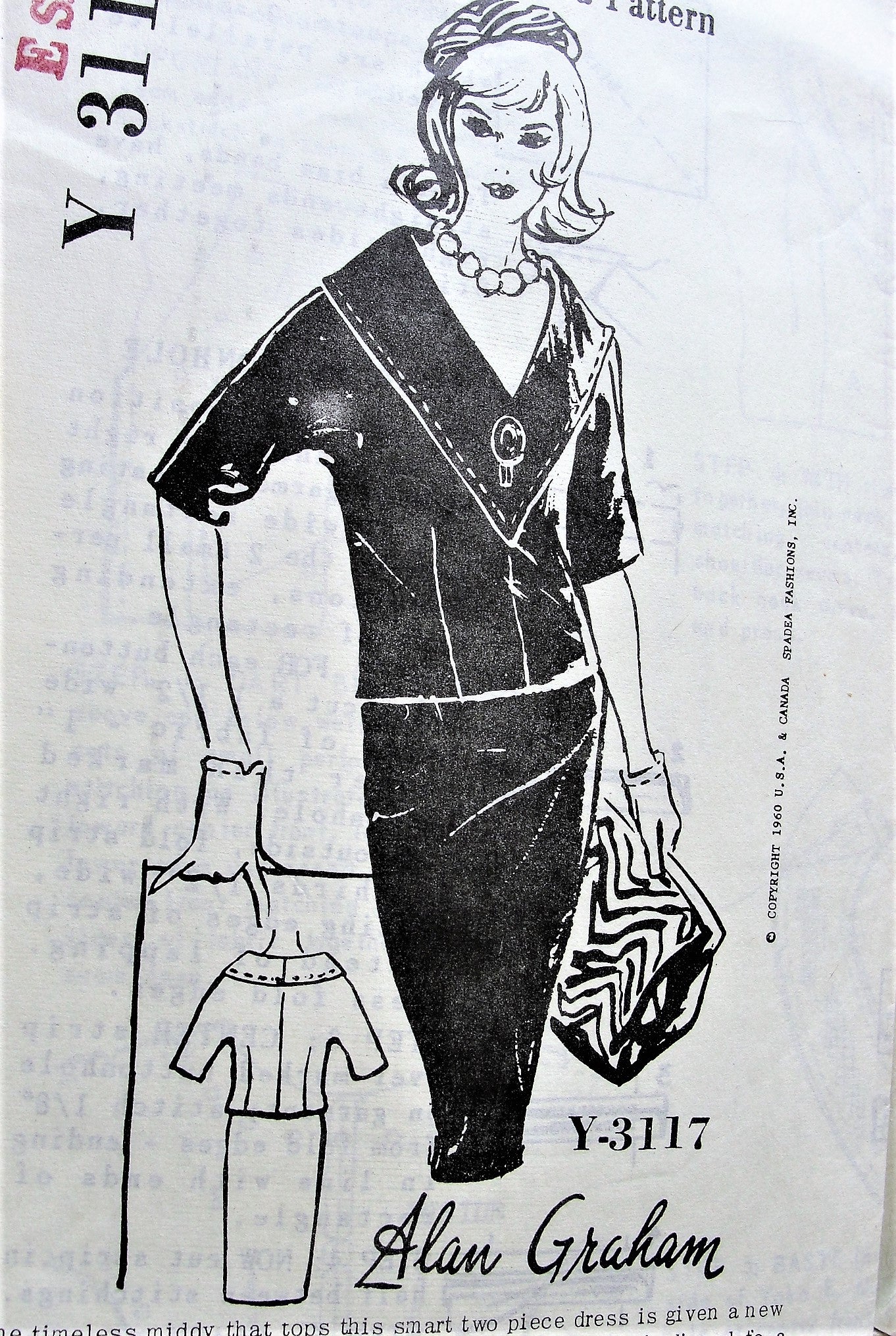 1960s CLASSY  2 Pc Slim Skirt Dress Pattern SPADEA 3117 Alan Graham Designer V Neckline Middy Top and Pencil Slim Skirt Bust 34 Vintage Sewing Pattern FACTORY FOLDED