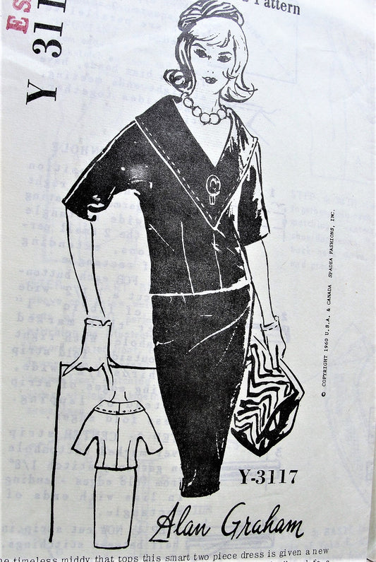 1960s CLASSY  2 Pc Slim Skirt Dress Pattern SPADEA 3117 Alan Graham Designer V Neckline Middy Top and Pencil Slim Skirt Bust 34 Vintage Sewing Pattern FACTORY FOLDED