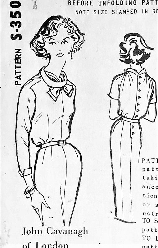 1950s STYLISH John Cavanagh of London Slim Dress Pattern SPADEA 350 Unique Neckline Back Button Slim Dress Bust 35 Vintage Sewing Pattern FACTORY FOLDED