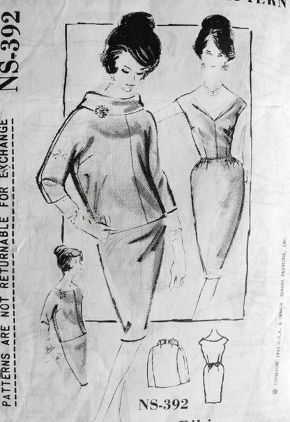 1960s CHIC Evening Dress and Jacket Pattern SPADEA 392 BIKI of Milan Designer Plunging V Neckline  Slim Cocktail Evening Party Bust 34 Vintage Sewing Pattern