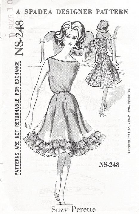 1960s FLIRTY Evening Party Dress Pattern SPADEA Designer 248 Suzy Perette,Bateau Neckline Flared Dress Optional Ruffled Hem Bust 34 Vintage Sewing Pattern FACTORY FOLDED
