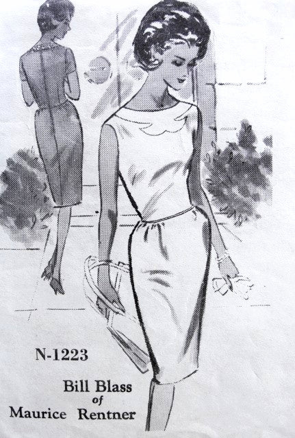 1960s ELEGANT Slim Bill Blass Dress Pattern SPADEA 1223 Sophisticated Daytime or Cocktail Dress With Flattering Applique Neckline Bust 35 Vintage Sewing Pattern FACTORY FOLDED