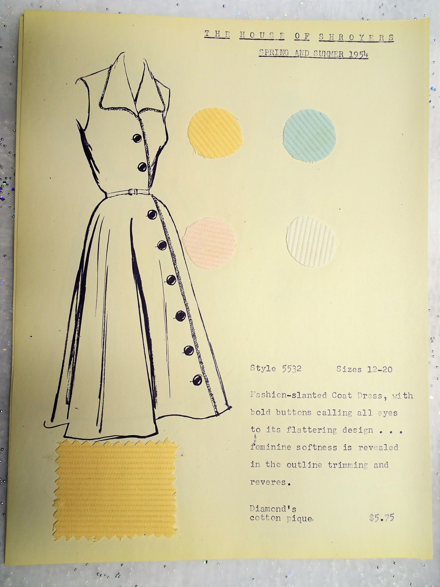 1950s Vintage SALESMAN SAMPLE Dress Sketch Print and Fabric Swatches Perfect To Frame Sewing Room Inspiration For Dress or Fabric Designer,Fashion Interest, Gift
