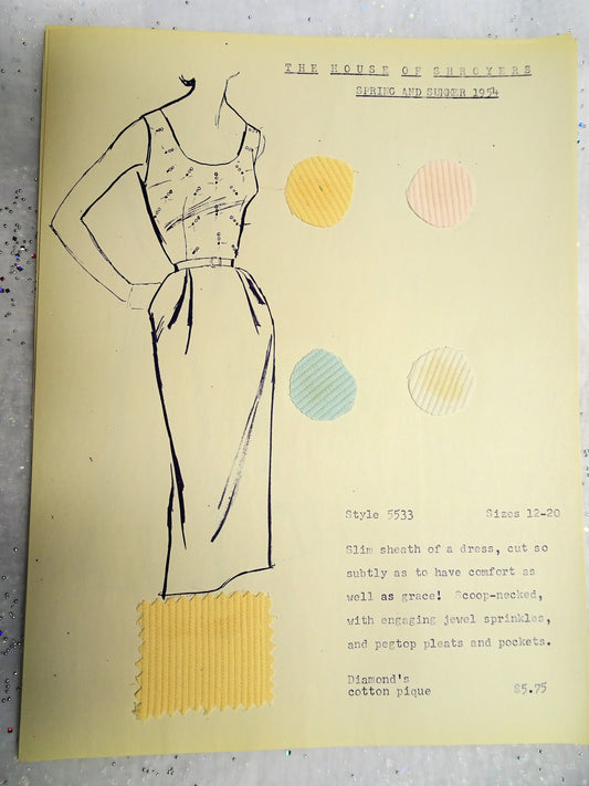 1950s Vintage SALESMAN SAMPLE Dress Sketch Print and Fabric Swatches Perfect To Frame Sewing Room Inspiration For Dress or Fabric Designer,Fashion Interest, Gift