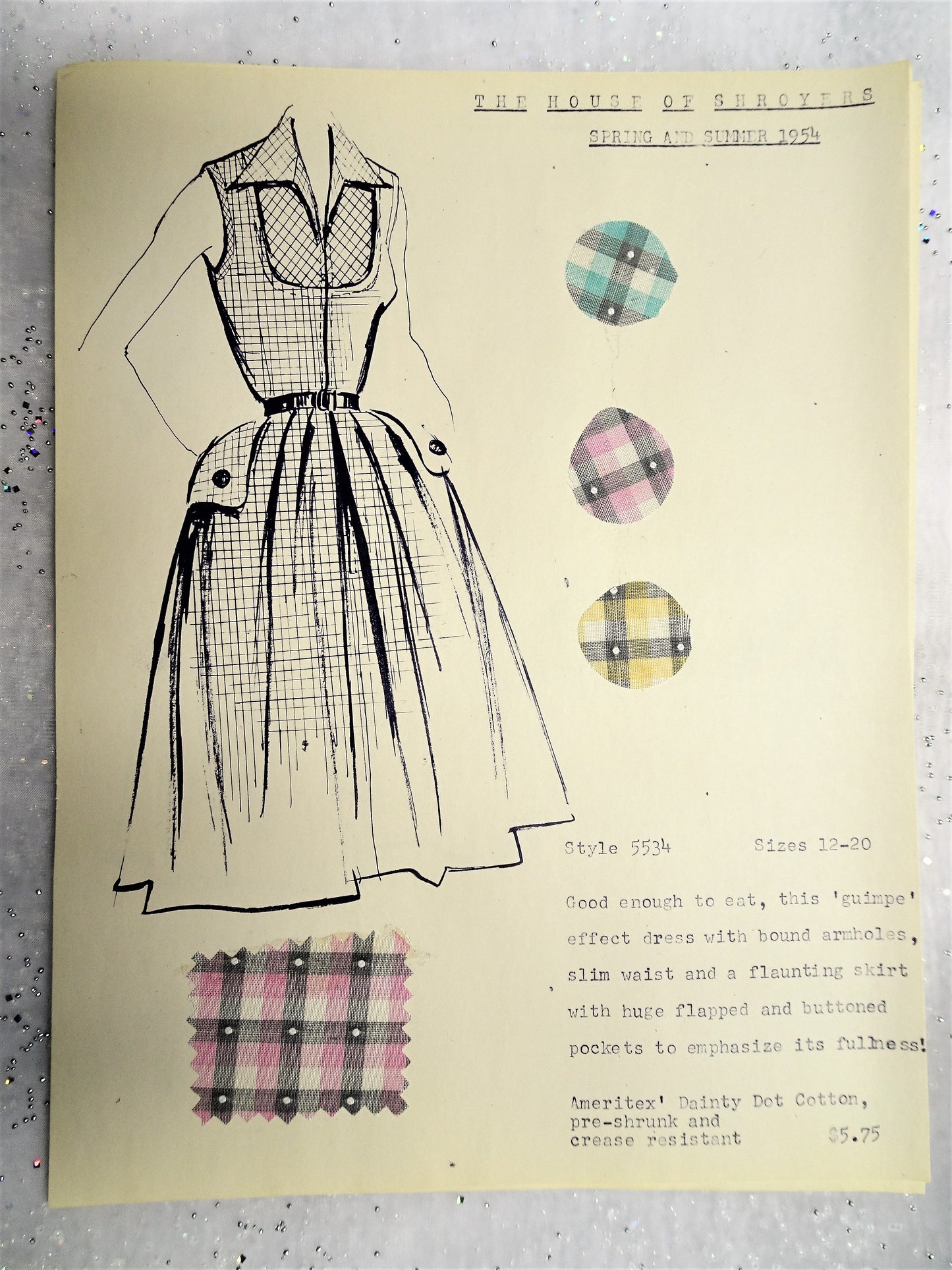 1950s Vintage SALESMAN SAMPLE Dress Sketch Print and Fabric Swatches Perfect To Frame Sewing Room Inspiration For Dress or Fabric Designer,Fashion Interest, Gift