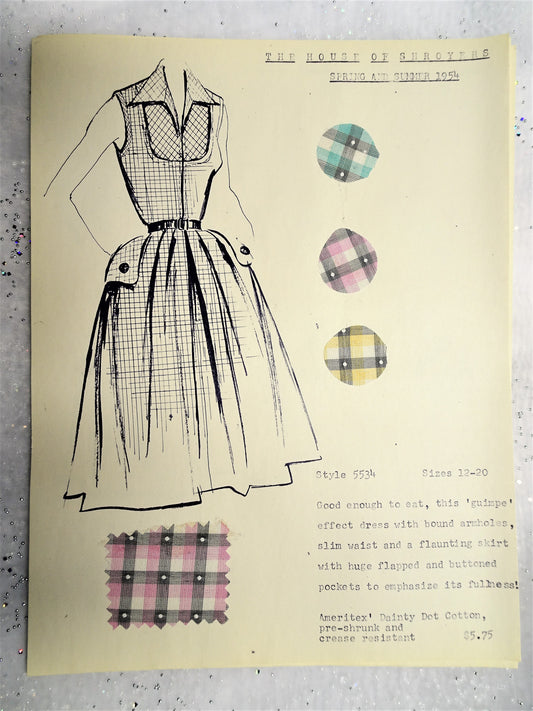 1950s Vintage SALESMAN SAMPLE Dress Sketch Print and Fabric Swatches Perfect To Frame Sewing Room Inspiration For Dress or Fabric Designer,Fashion Interest, Gift