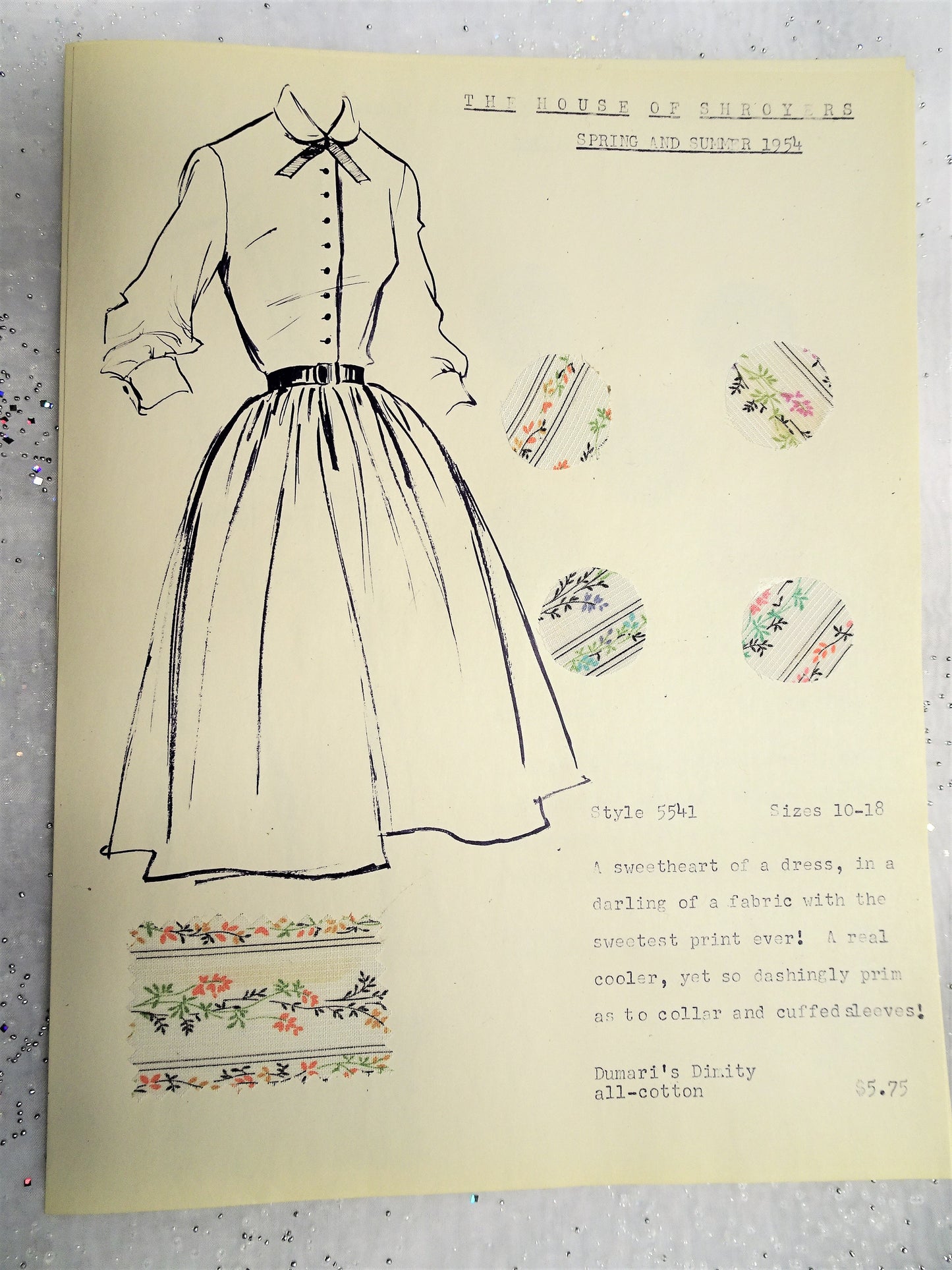 1950s Vintage SALESMAN SAMPLE Dress Sketch Print and Fabric Swatches Perfect To Frame Sewing Room Inspiration For Dress or Fabric Designer,Fashion Interest, Gift