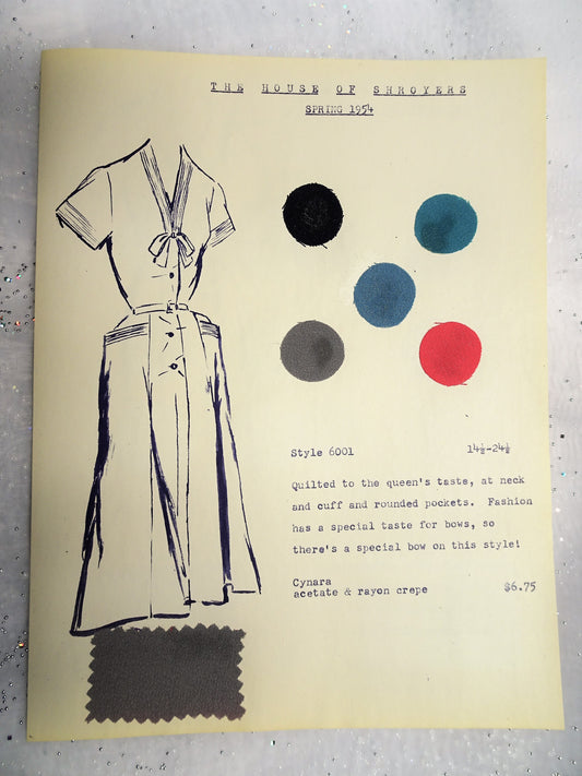 1950s Vintage SALESMAN SAMPLE Dress Sketch Print and Fabric Swatches Perfect To Frame Sewing Room Inspiration For Dress or Fabric Designer,Fashion Interest, Gift