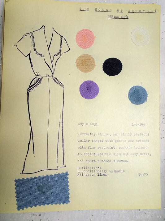 1950s Vintage SALESMAN SAMPLE Dress Sketch Print and Fabric Swatches Perfect To Frame Sewing Room Inspiration For Dress or Fabric Designer, Fashion Interest, Gift