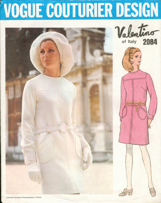 1960s LOVELY Mod Valentino Dress Pattern VOGUE Couturier Design 2084 Seam Interest Jewel Neckline Dress Bust 40 Vintage Sewing Pattern