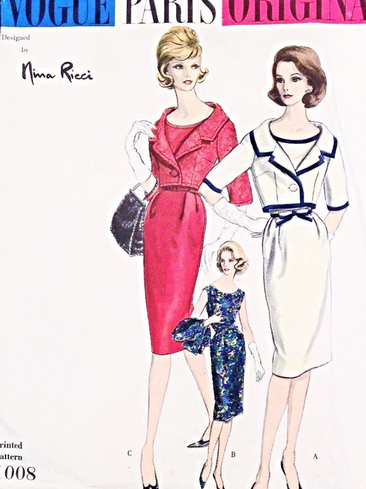 1960 CHIC Nina Ricci Cocktail Dress and Jacket Pattern VOGUE PARIS Original 1008 Slim Wiggle Dress Shortie Jacket Day or Evening  Bust 34 Vintage Sewing Pattern