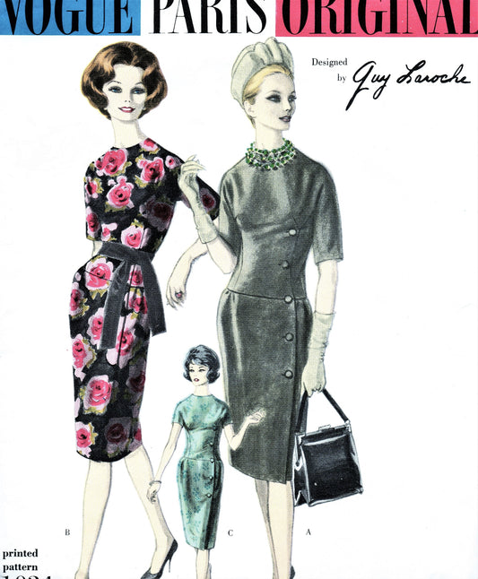 1960 STYLISH Guy Laroche Day or Cocktail Evening Dress Pattern VOGUE Paris Original 1024 Jewel Neckline Drop Waist Slim Dress Bust 34 Vintage Sewing Pattern