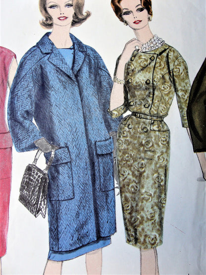 1960s CLASSY Jacques Heim Dress and Coat Pattern Slim Double Breasted Dress and Fabulous Dropped Shoulder Coat Bust 38 Vintage Sewing Pattern