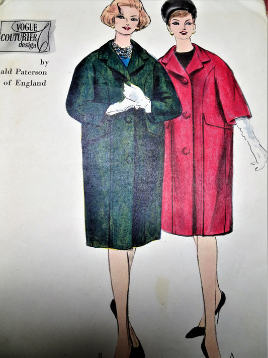 1960s STYLISH Ronald Paterson of England Coat Pattern VOGUE Couturier Design 1051 Wonderful Barrel Design Coats, 2 Versions Bust 32 Vintage Sewing Pattern
