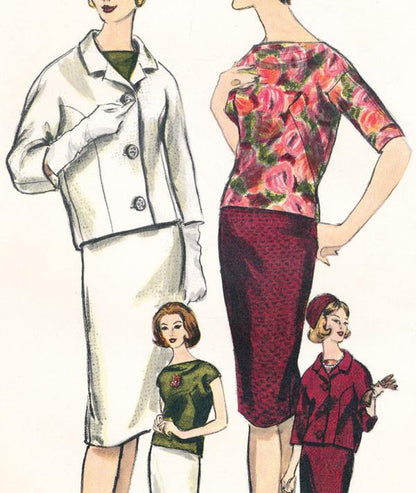 1960 DESSES Elegant 3 Pc Suit Pattern Vogue Paris Original 1065 Over Blouse With Unique Back Cowl Drape Bust 34 Vintage Sewing Pattern