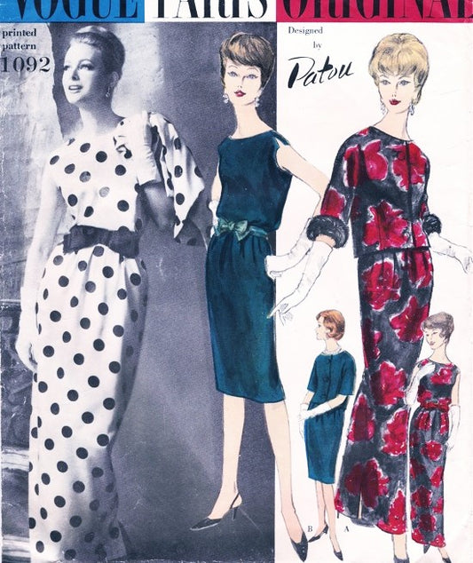 1960s CLASSY Patou Cocktail Party Dress Gown and Jacket Pattern VOGUE PARIS ORIGINAL 1092 Bateau Neckline Easy Evening Glamour Bust 31 Vintage Sewing Pattern