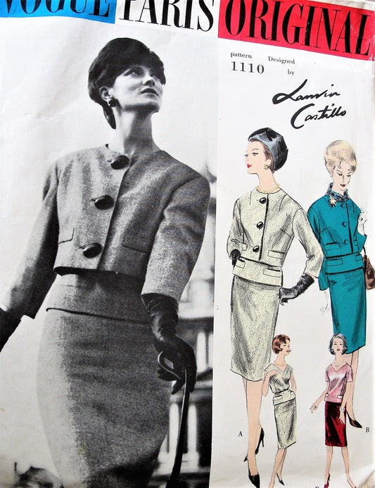 1960 LANVIN CASTILLO Slim Suit and Blouse Pattern VOGUE PARIS Original 1110 Daytime or Evening Cocktail Party Figure Flattering Suit,Overblouse and Scarf Bust 36 Vintage Sewing Pattern FACTORY FOLDED + Label