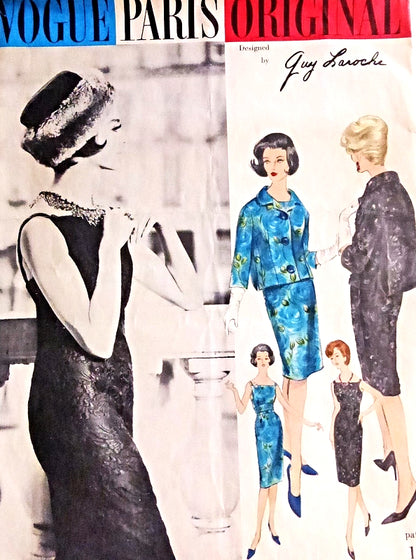 1960s Beautiful  Guy Laroche Evening Cocktail Dress and Jacket Pattern VOGUE PARIS ORIGINAL 1112 Low Back Slim Party Dress Unique Jacket Back Bust 36 Vintage Sewing Pattern