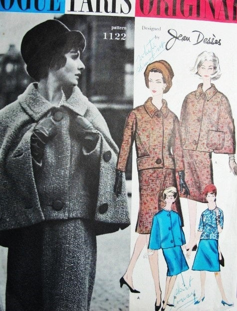 1960s Jean Desses Chic Suit and Cape Pattern VOGUE PARIS ORIGINAL 1122 Boxy Jacket, Flared Skirt Elegant Hip Length Cape Coat Day or Evening Styles Bust 38 Vintage Sewing Pattern