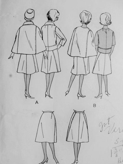 1960s Jean Desses Chic Suit and Cape Pattern VOGUE PARIS ORIGINAL 1122 Boxy Jacket, Flared Skirt Elegant Hip Length Cape Coat Day or Evening Styles Bust 38 Vintage Sewing Pattern