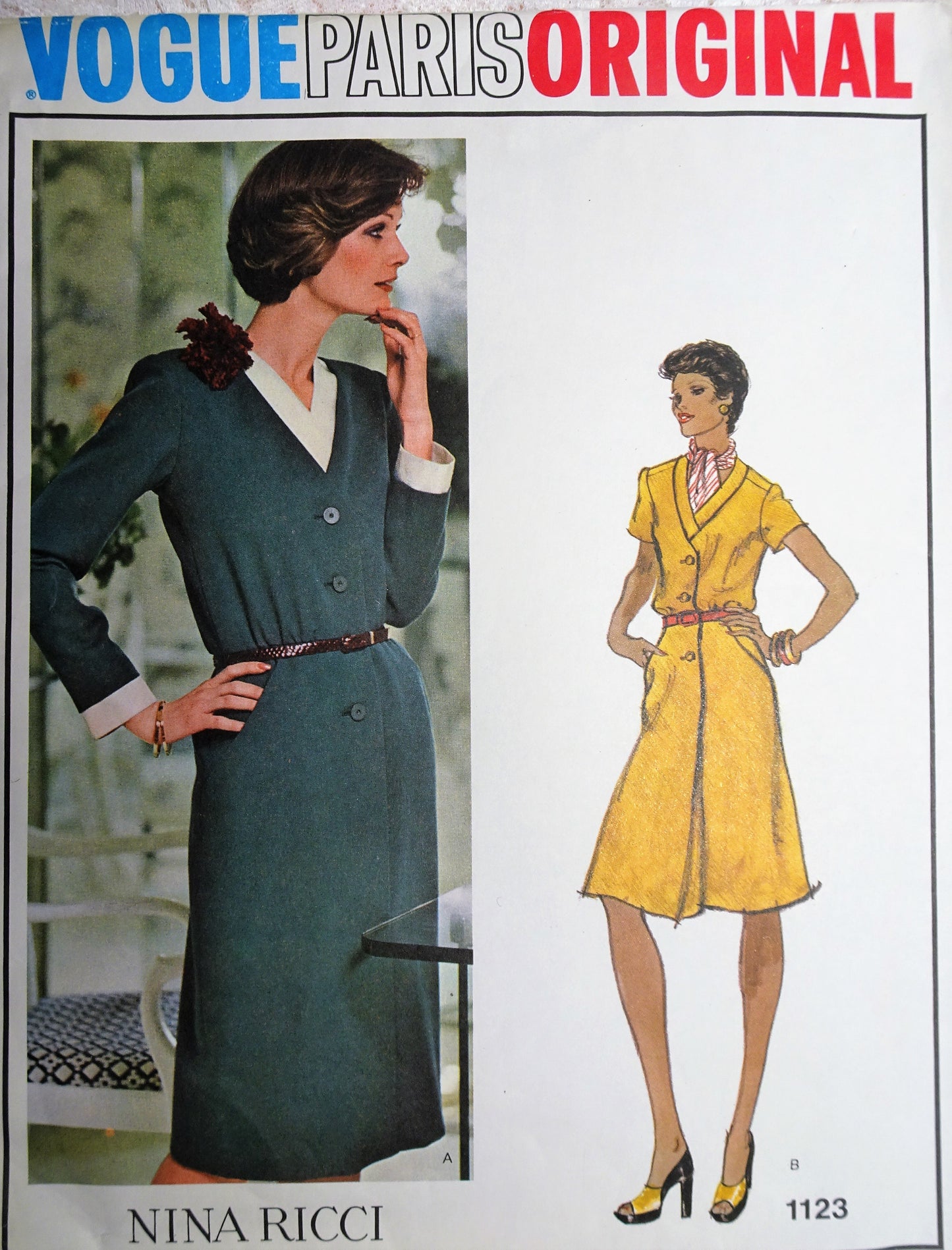 70s CLASSY Nina Ricci Dress Pattern VOGUE Paris Original 1123 Front Button Dress Bust 40 Vintage Sewing Pattern