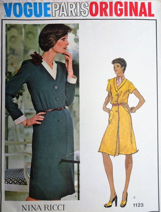 70s CLASSY Nina Ricci Dress Pattern VOGUE Paris Original 1123 Front Button Dress Bust 40 Vintage Sewing Pattern