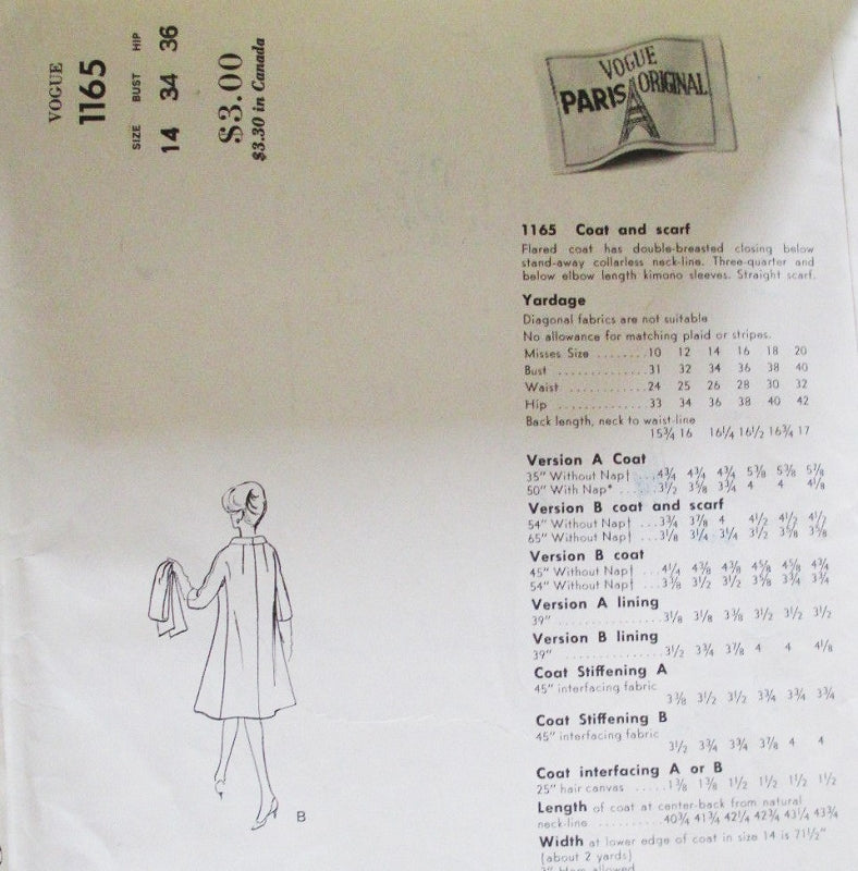 1960s  JACQUES HEIM Coat Pattern VOGUE PARIS Original 1165 Double Breasted Day or Evening Coat  and Scarf Bust 34 Vintage Sewing Pattern UNCUT