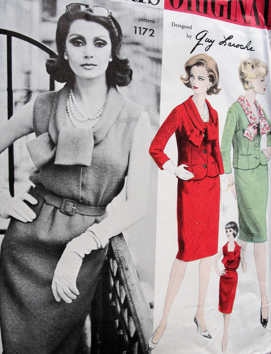1960s FABULOUS Guy Laroche Slim Dress and Jacket VOGUE Paris Original 1172 Low Neckline Slim Dress Fitted Jacket, Day or Dinner After 5 Bust 34 Vintage Sewing Pattern FACTORY FOLDED