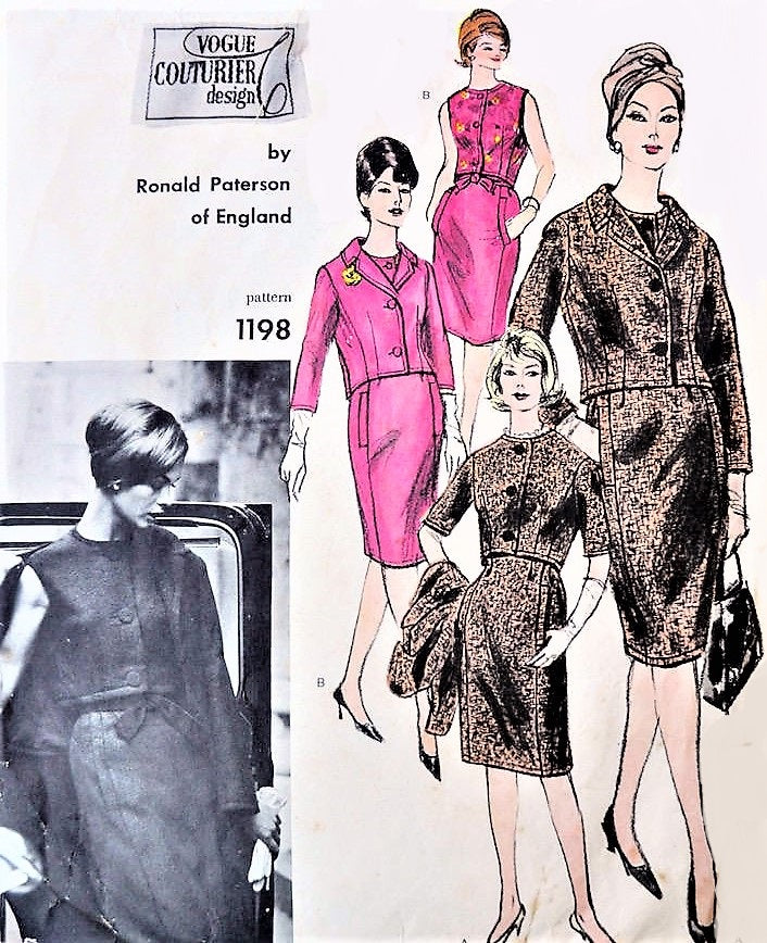 1960s CLASSY Suit and Blouse Pattern VOGUE Couturier Design 1198 Ronald Paterson of England Slim Skirt Suit and Tuck in Blouse Bust 31 Vintage Sewing Pattern + Label