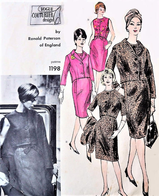 1960s CLASSY Suit and Blouse Pattern VOGUE Couturier Design 1198 Ronald Paterson of England Slim Skirt Suit and Tuck in Blouse Bust 31 Vintage Sewing Pattern + Label