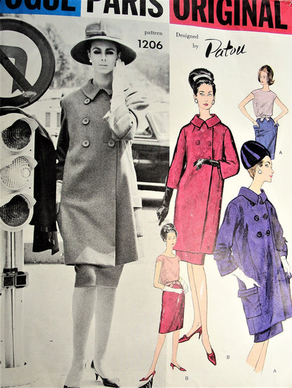 1960s CLASSY Patou Suit and Blouse Pattern VOGUE Paris Original 1206 Elegant Seven Eighths Length Jacket Coat, Slim Skirt,Tuck In Blouse Daytime or Dinner Suit Bust 32 Vintage Sewing Pattern