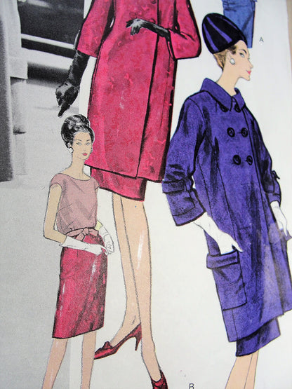 1960s CLASSY Patou Suit and Blouse Pattern VOGUE Paris Original 1206 Elegant Seven Eighths Length Jacket Coat, Slim Skirt,Tuck In Blouse Daytime or Dinner Suit Bust 32 Vintage Sewing Pattern