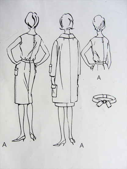 1960s CLASSY Patou Suit and Blouse Pattern VOGUE Paris Original 1206 Elegant Seven Eighths Length Jacket Coat, Slim Skirt,Tuck In Blouse Daytime or Dinner Suit Bust 32 Vintage Sewing Pattern