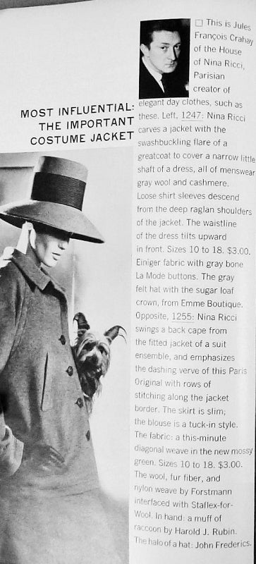 1960s NINA RICCI Slim Dress Coat Jacket Pattern Vogue Paris Original 1247 Classy Style Day or Evening Bust 31 FACTORY FOLDED
