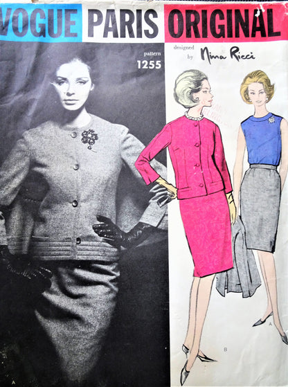 1960s NINA RICCI 3 Pc Suit Pattern VOGUE PARIS ORIGINAL 1255 Unique Optional Cape Back Fitted Jacket, Blouse and Slim Skirt Ultra Sophisticated Bust 36 Vintage Sewing Pattern