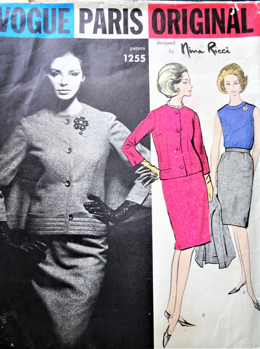1960s NINA RICCI 3 Pc Suit Pattern VOGUE PARIS ORIGINAL 1255 Unique Optional Cape Back Fitted Jacket, Blouse and Slim Skirt Ultra Sophisticated Bust 36 Vintage Sewing Pattern