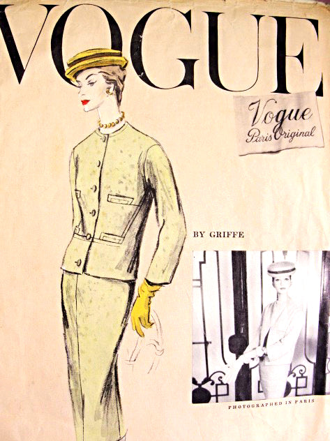 1950s Classy 3 Pc Suit Griffe Pattern Vogue Paris Original 1335 Short Straight Jacket, Side Back Button Skirt Version Lovely Bias Overblouse Bateau Neckline Day or Evening Bust 32 Vintage Sewing Pattern