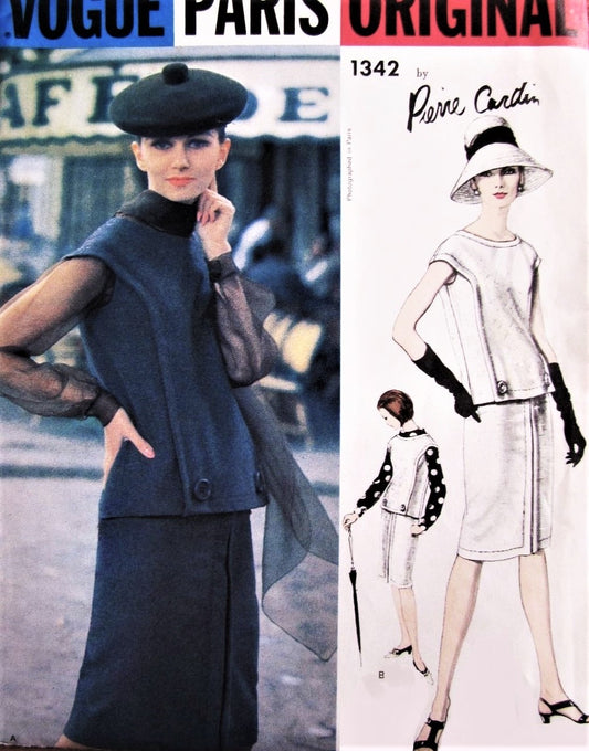 CHIC 1960s CARDIN Slim 2 Pc Dress Blouse, Scarf Pattern VOGUE PARIS Original 1342 Slim Day or Cocktail Dress Bust 32 Vintage Sewing Pattern FACTORY FOLDED