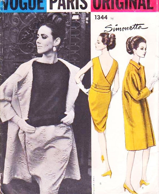 60s Classy SIMONETTA Evening 2 Pc Cocktail Dress and Coat Pattern VOGUE Paris Original 1344 Bust 31 Vintage Sewing Pattern FACTORY FOLDED +Label