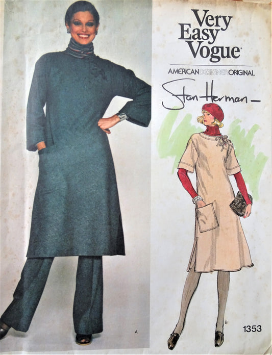 1970s FAB  Stan Herman Dress or Tunic and Pants Pattern VOGUE American Designer Original 1353 Bust 32 Vintage Sewing Pattern FACTORY FOLDED