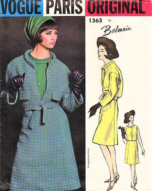 1960s CLASSY Balmain Suit and Blouse Pattern VOGUE PARIS Original 1363 Belted Jacket, Slightly A Line Skirt, Sleeveless Blouse Bust 34 Vintage Sewing Pattern