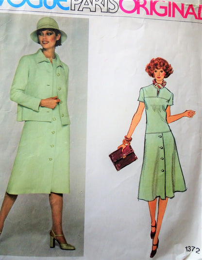 1970s STYLISH Molyneux Drop Waist Dress and Jacket Pattern VOGUE Paris Original 1372 Figure Flattering Dress, Bust 34 Vintage Sewing Pattern