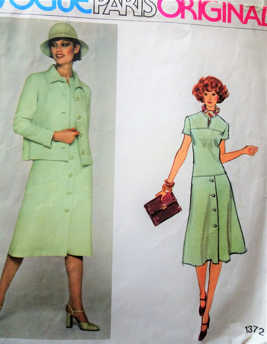 1970s STYLISH Molyneux Drop Waist Dress and Jacket Pattern VOGUE Paris Original 1372 Figure Flattering Dress, Bust 34 Vintage Sewing Pattern