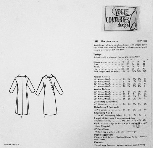 60s STRIKING Ronald Paterson Asymmetrical Dress Pattern VOGUE COUTURIER Design 1391 Totally Classy Bust 32 Vintage Sewing Pattern