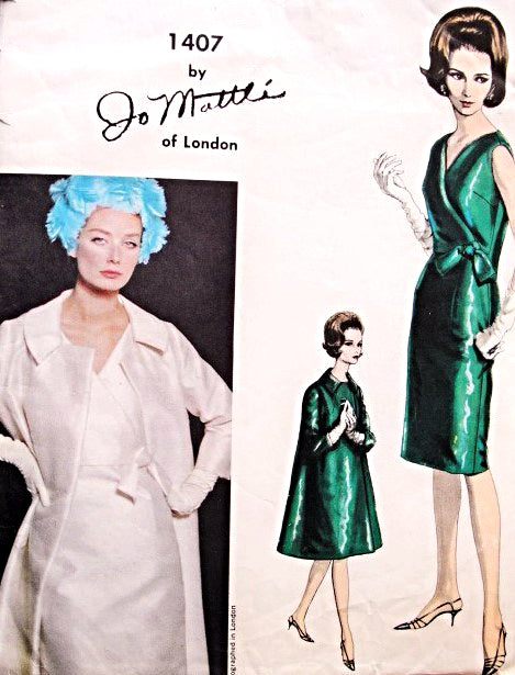 1960s STUNNING Jo Mattli Evening Dress and Coat Pattern VOGUE COUTURIER DESIGN 1407 Slim Surplice Cocktail Dress Swing Coat Day or Evening Bust 32 Vintage Sewing Pattern UNCUT