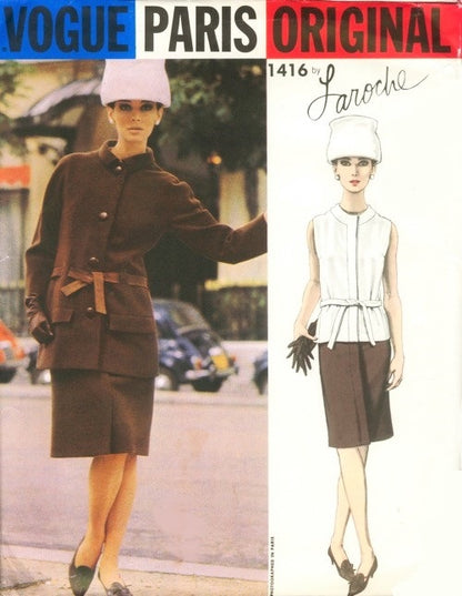 1960s CLASSY Laroche Suit and Blouse Pattern VOGUE PARIS Original 1416 Longer Length Suit Jacket,Overblouse Slim Skirt Bust 32 Vintage Sewing Pattern