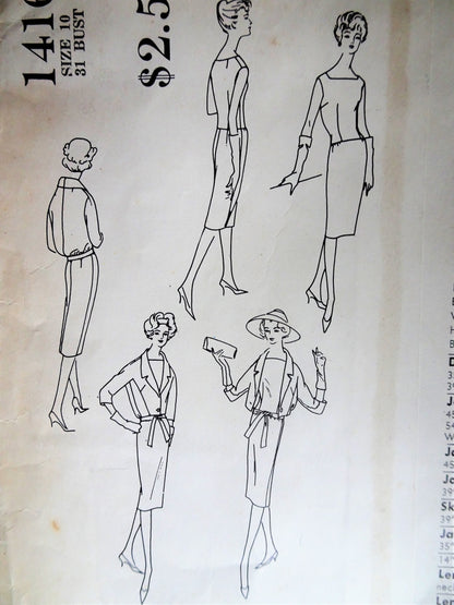 1950s GUY LAROCHE Dress and Jacket Pattern VOGUE Paris Original 1416 Stunning Slim Dress, Bloused Back Jacket Bust 31 Vintage Sewing Pattern