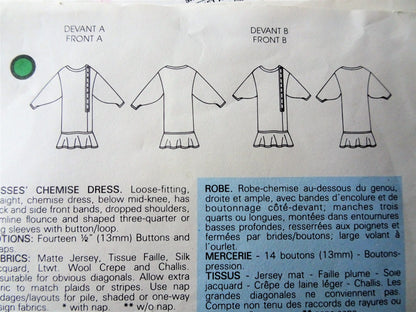1980s LOVELY Jean muir Dress Pattern VOGUE Designer Original 1436 Beautiful Full Sleeves Chemise Dress, Flirty Hemline Flounce, Bust 38 Vintage Sewing Pattern FACTORY FOLDED