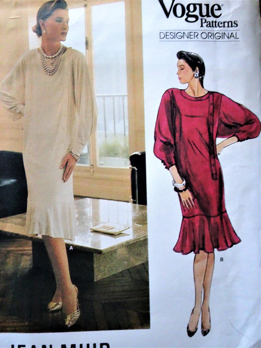 1980s LOVELY Jean muir Dress Pattern VOGUE Designer Original 1436 Beautiful Full Sleeves Chemise Dress, Flirty Hemline Flounce, Bust 38 Vintage Sewing Pattern FACTORY FOLDED